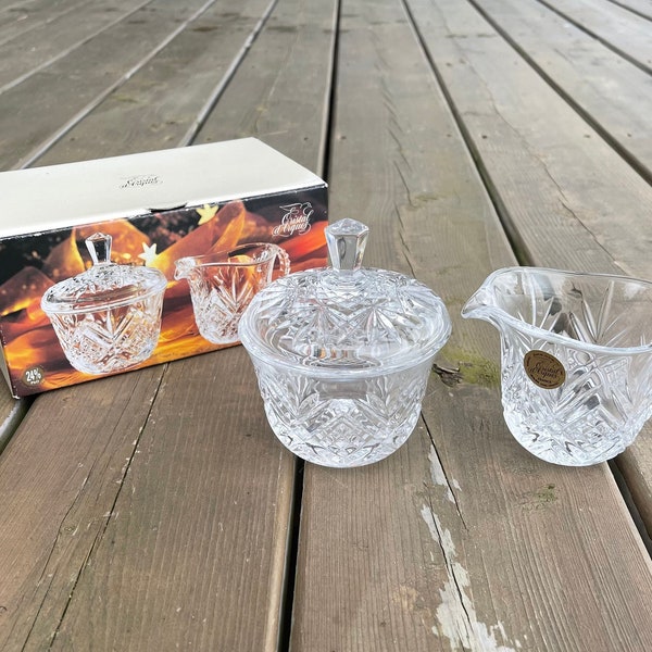 Vintage Cristal d’Arques Masquerade Pattern 24% Lead Crystal Cream and Sugar Set Cream and Covered Sugar Complete In Original Box France