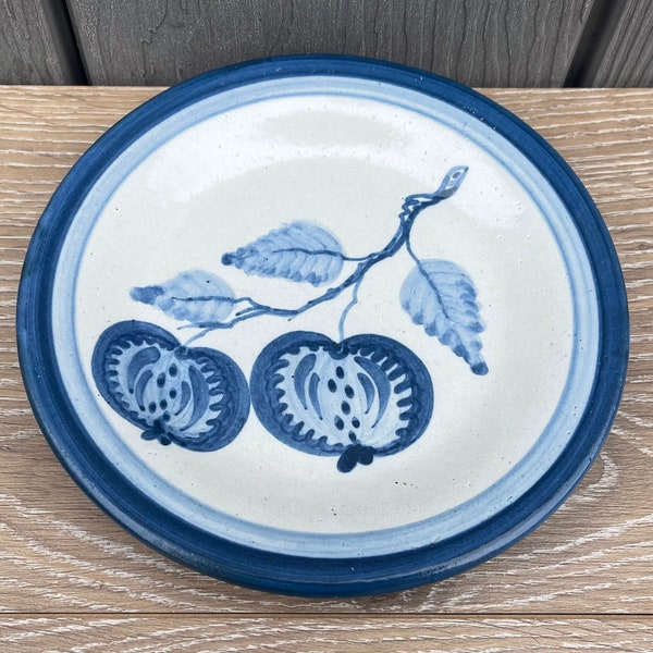 Vintage Dorchester Pottery Works Cobalt Blue Glaze Apple Fruit Design Stoneware Pottery Plate Signed Knesseth Denison