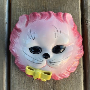 Vintage Lefton Pink Cat Kitten with Yellow Bow Wall Vase Wall Pocket Planter Retro Cat Decor