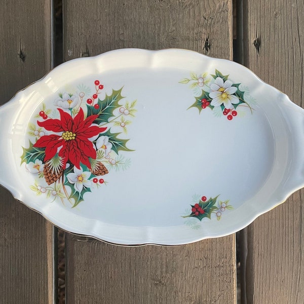 Vintage Royal Albert Poinsettia Pattern Christmas Tray for Creamer and Covered Sugar Bowl Oval Serving Dish Fine Bone China Made in England