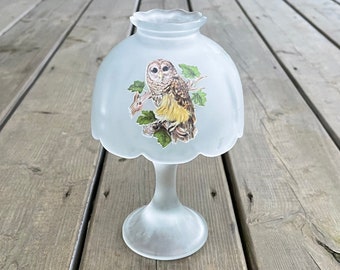Vintage Westmoreland Satin Glass Owl Appliqué Fairy Lamp Tealight Candle Holder Retro Collectable Glass Decor