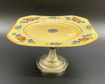 Vintage c1930s Bursley Ware Hand Painted Pansy Silver Plated Pedestal Cake Stand  Footed Sandwich Plate Made in England