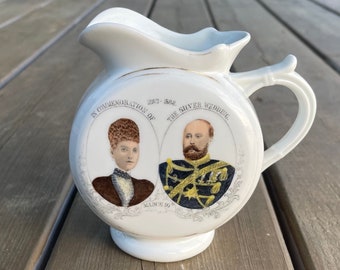 Antique Porcelain Water Jug Commemorating The Silver Wedding Anniversary of Future King Edward VII to Queen Alexandra 1863-1888 Germany