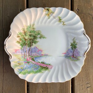 Vintage Aynsley Bluebell Time Birch Trees and Bluebells on the Water Fine Bone China Handled Cake Plate Made in England