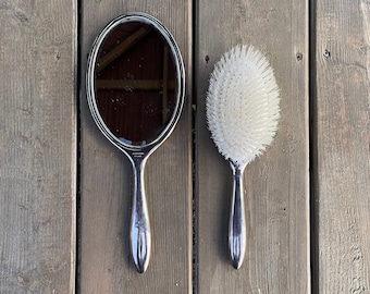 Vintage Birks Regency Plate Electroplated on Copper Art Nouveau Style Floral Scroll Hand Mirror and Brush Vanity Set