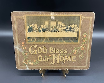 Antique Victorian “God Bless Our Home” Last Supper Cardboard Wall Hanging Made in USA Religious Decor