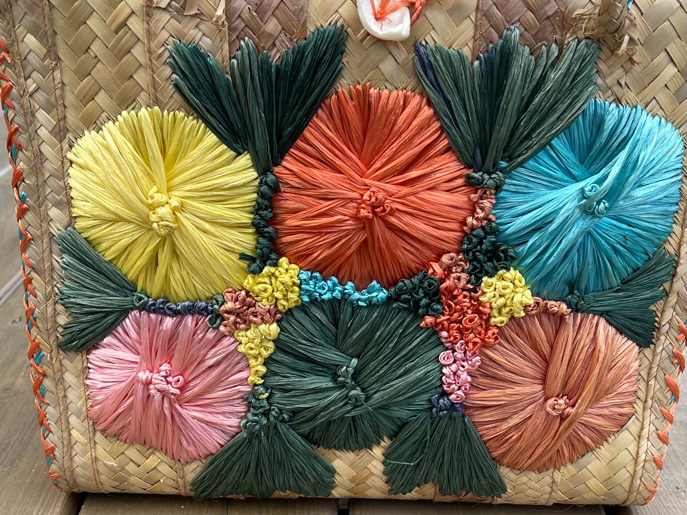 Vintage Woven Straw Wicker Structured Tote Bag Purse With Floral Raffia ...