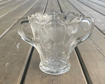 Antique c1908-1920 Cambridge Glass Inverted Strawberry Pattern Handled Celery Vase Retro EAPG Early American Pressed Glass Decor