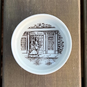 Vintage Johnson Bros “Quality Grocers” Victorian Storefront Sidewalk Scene Earthenware Transferware Pin Tray Trinket Dish Made in England