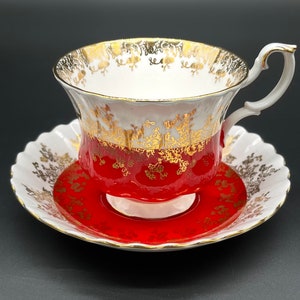 Vintage Royal Albert Regal Series Red and Gold Pattern Teacup Cup and Saucer Set Fine Bine China Made in England