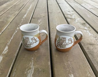 Può includere: Due tazze in ceramica con un'illustrazione dipinta a mano di due gufi appollaiati su un ramo. Le tazze presentano una sezione superiore color bianco sporco maculato e una sezione inferiore marrone, con un manico curvo su ciascun lato.