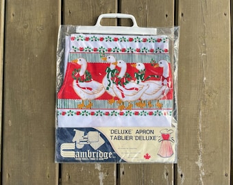 Vintage 1988 Cambridge Kitchen Products 'Deluxe' kerststrik gans polyester en katoenen schort in originele verpakking Gemaakt in Canada