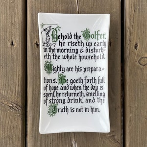 Vintage Bernad Creations of Yonkers, NY “Behold the Golfer” Gothic Script Milk Glass Rectangular Trinket Dish Gift for Golfer Golf Lover