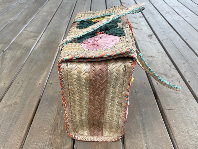 Vintage Woven Straw Wicker Structured Tote Bag Purse With Floral Raffia ...