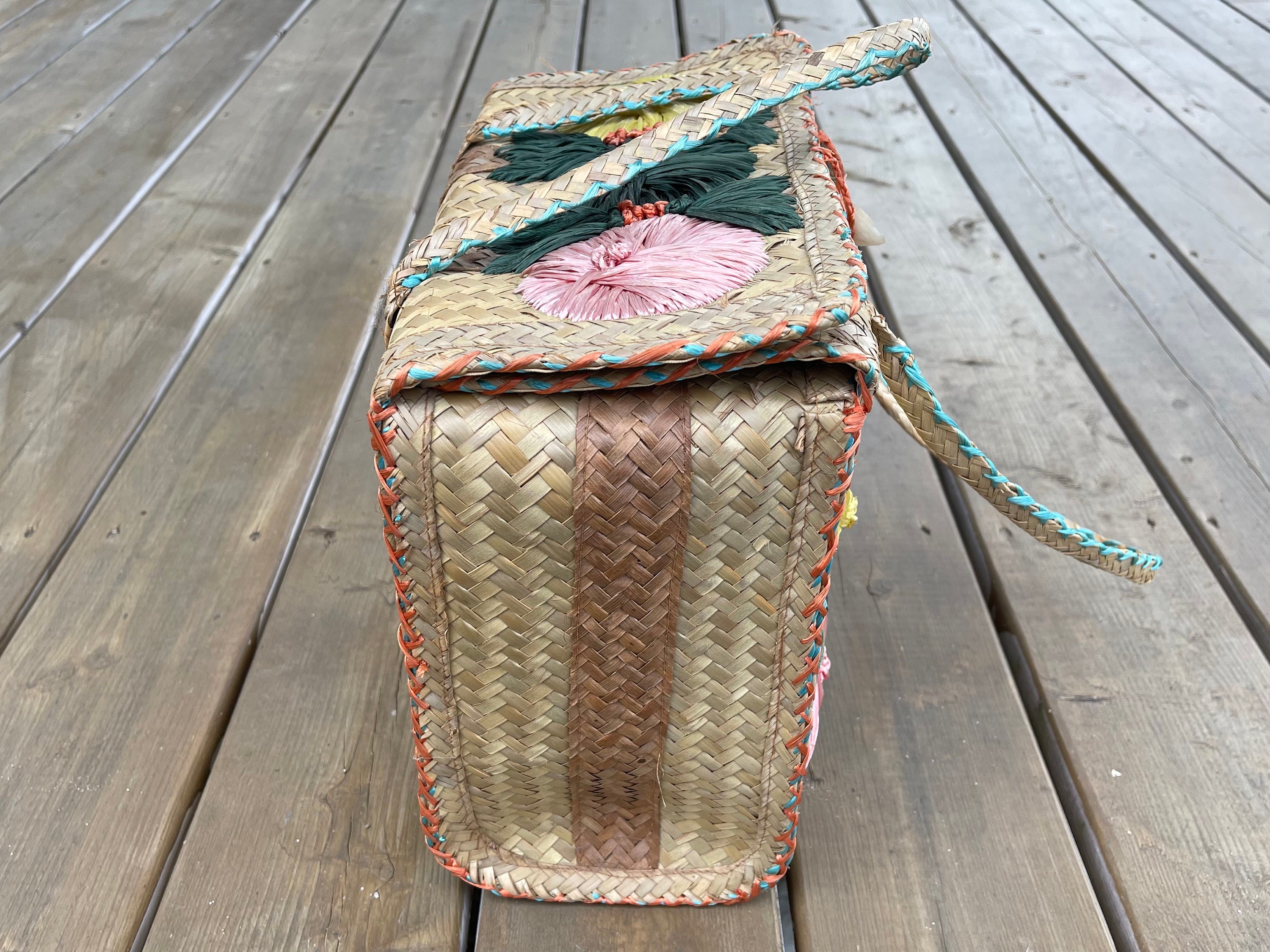 Vintage Woven Straw Wicker Structured Tote Bag Purse With Floral Raffia ...