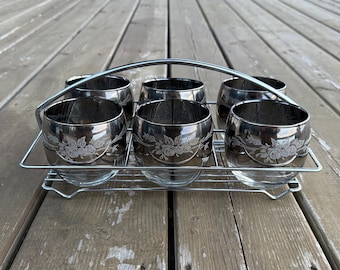 Set of Six Vintage Queen’s Lusterware Silver Fade Floral Overlay Mid Century Modern Silver Fade Low Ball On The Rocks Glasses with Caddy