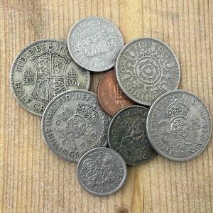Collection of Eight Vintage United Kingdom Coins Penny Sixpence Shilling Two Shillings Half Crown George VI Elizabeth II Coin Collection