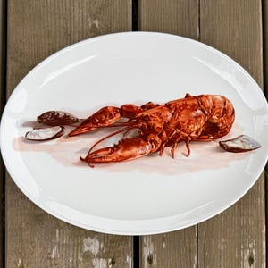 May include: Oval white serving platter with a detailed illustration of a cooked lobster. The lobster is a vibrant red color, with its claws and body prominently displayed. The platter also features a few mussel shells.