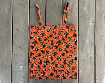 Vintage Handmade Halloween Black Cat Trick or Treat Bag Tote Bag Retro Halloween Holiday Display Décor