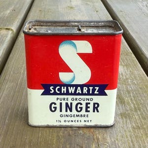 Vintage Schwartz One and a Half Ounce Pure Ground Ginger 3D Graphic Slidder Top Metal Spice Jar Canister Retro Farmhouse Decor