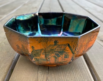 Vintage Shelley Art Deco Blue and Orange Luster Dutch House Scene Octagonal Bowl Made in England