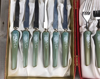 Vintage Flatware Knife Green Marbled Handle Set Of 3 “STA-BRITE