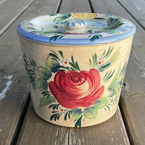 Vintage Hand Painted Floral Ceramic Grease Drippings Container Biscuit Jar Cookie Jar Humidor Display Made in Japan Retro Kitchen Decor