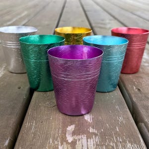 Set of Six Vintage Colorful Textured Anodized Aluminum Cups Juice Glasses Tumblers Retro Mid Century Atomic Kitchen