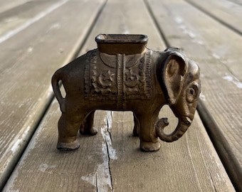 Antique Art Nouveau Cast Iron Gold Colored Paint Elephant Still Bank Retro Study Office Décor