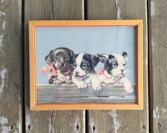Vintage Small Framed Puppy Dog Trio 0540 Lithograph Print Wall Hanging Made in USA Retro Artwork Decoration