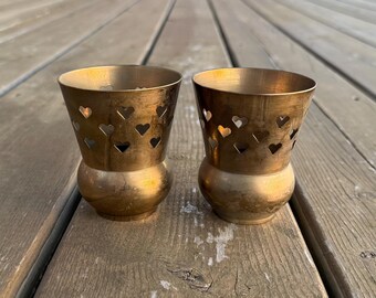 Set of Two Vintage Heart Cut Out Cutout Pierced Votive Tea Light Candle Holders Made in India Retro Boho Decor