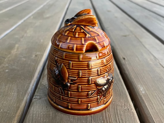 Vintage Cylindrical Domed Beehive Shaped Ceramic Honey Pot Jar Dish Made in Japan Retro Kitchen