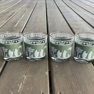 Set of Four Vintage Jeanette Hellenic Green Old Fashioned Drinking Glasses Retro Wedgwood Green Jasperware Style Glasses Mid Century Barware