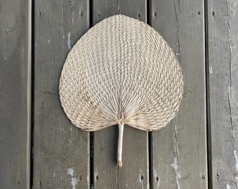 Vintage Woven Hand Held Rattan Fan 1960s Personal Fan Coastal Boho Decor