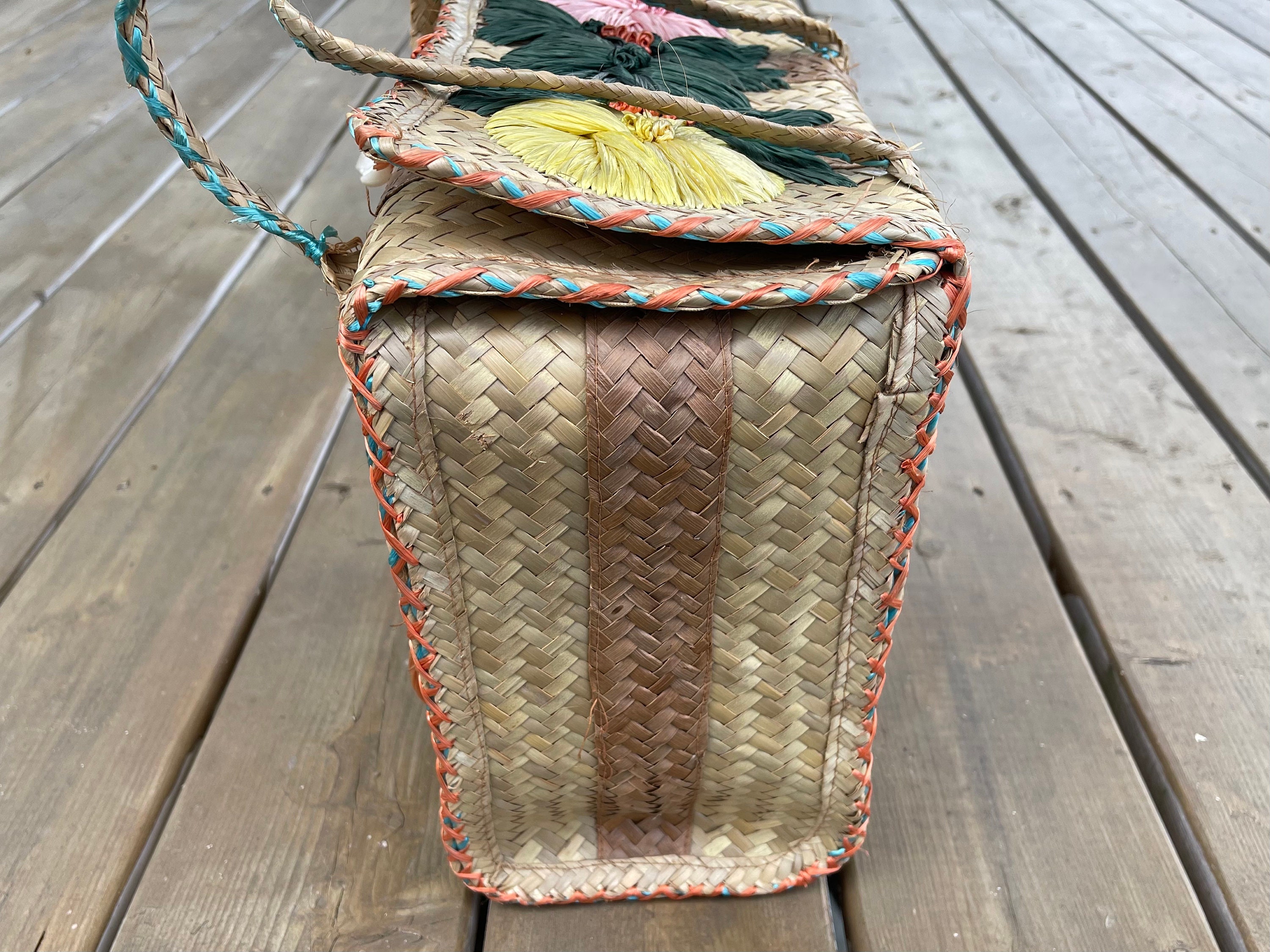 Vintage Woven Straw Wicker Structured Tote Bag Purse With Floral Raffia ...