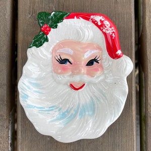 Vintage Mid Century Smiling Santa Claus Ceramic Wall Hanging Trinket Dish Ashtray Made in Japan Retro Christmas Xmas Decorations Decor
