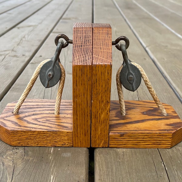 Set of Two Vintage Industrial Design Wood and Metal Pulley and Rope Bookends Retro Study Book Holder Bookcase Decor