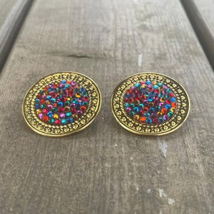 Vintage Richard Kerr Signed Gold Tone Multi Color Rainbow Rhinestone Clip On Earrings Retro Designer Costume Jewelry Jewellery