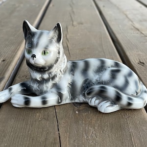 Vintage German Porcelain Grey and White Stripe Tabby Cat Kitten Figurine 7928 Gift for Cat Lover Owner Retro Cat Decor