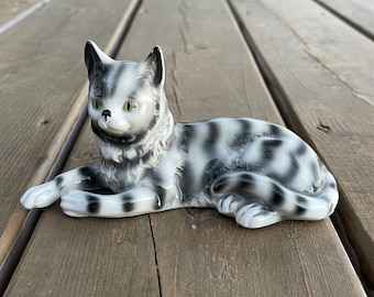 Vintage German Porcelain Grey and White Stripe Tabby Cat Kitten Figurine 7928 Gift for Cat Lover Owner Retro Cat Decor