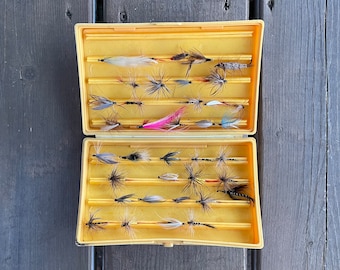 Collection of 37 Vintage Hand Tied Fish Flies in Plastic Compac Carrying Case Retro Fishing Tackle Gift for Fisherman Fishing Lover