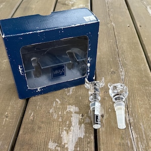 Set of Two Vintage Mikasa Wall Street Full Lead Crystal Bottlestoppers Bear and Bull in Original Box Made in Germany Retro Barware Bar