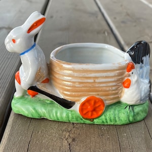 Vintage Peach Luster Bunny Rabbit with Cart and Rooster Planter Made in Japan 1930s Easter Bunny Rabbit Decorations Decor