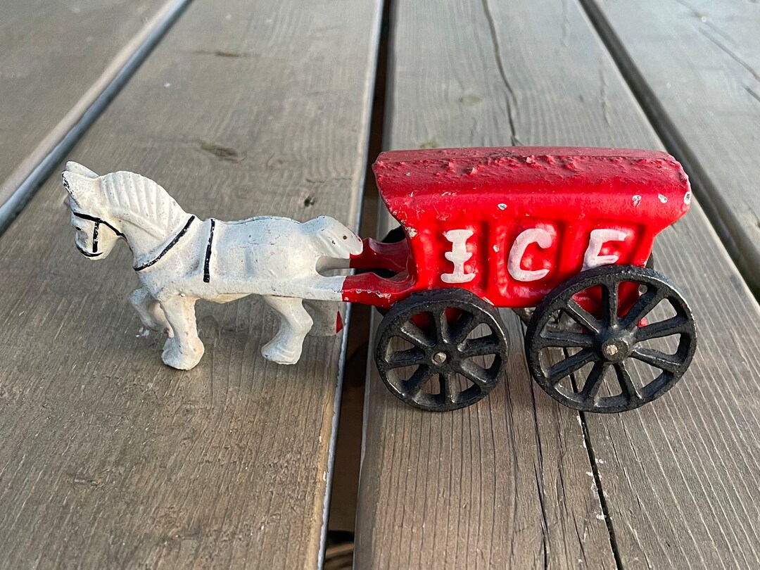 Vintage Cast Iron Horse Drawn Ice Cart Toy Figurine Gift for Equestrian