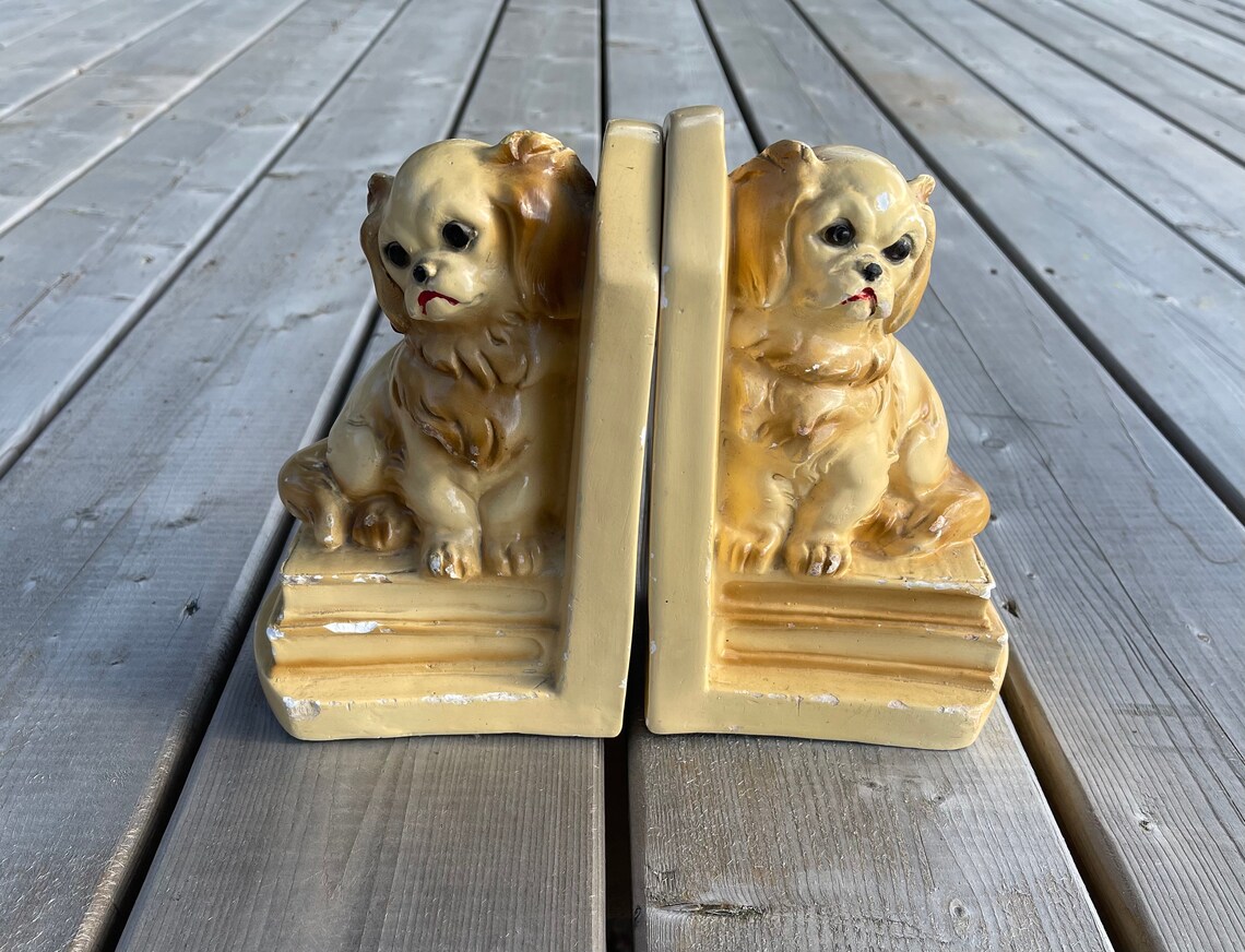 Set of Two Vintage Chalkware Spaniel Dog Bookends Retro Study Etsy