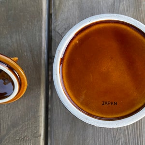 Op de afbeelding: Een bruine theepot van keramiek met een witte rand en een bruin deksel. Op de bodem van de theepot staat "JAPAN" gedrukt.