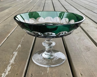 Vintage Val St. Lambert Green Cut to Clear Crystal Compote Pedestal Dish Made in Belgium Retro Crystal Decor