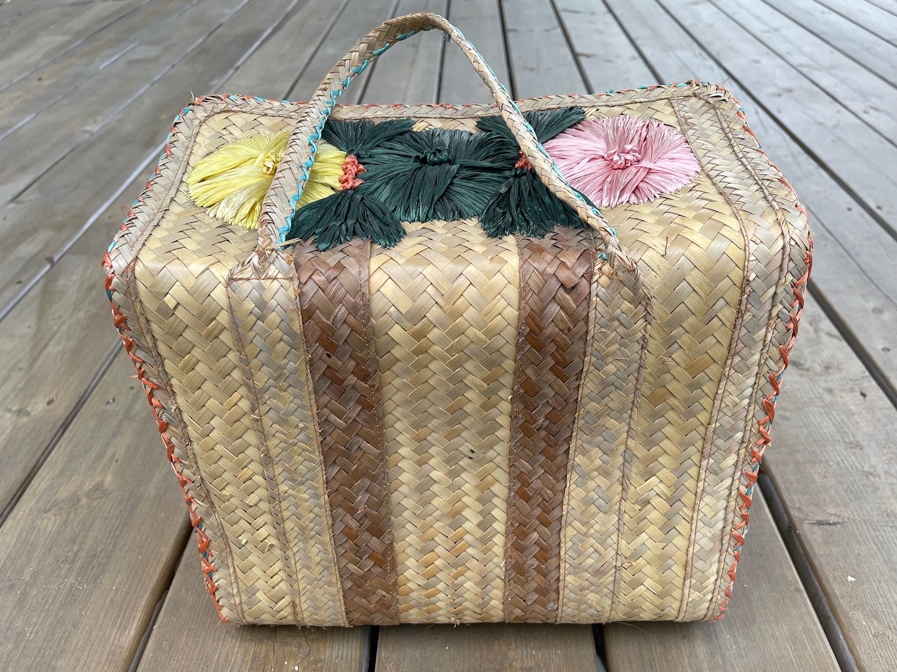 Vintage Woven Straw Wicker Structured Tote Bag Purse With Floral Raffia ...