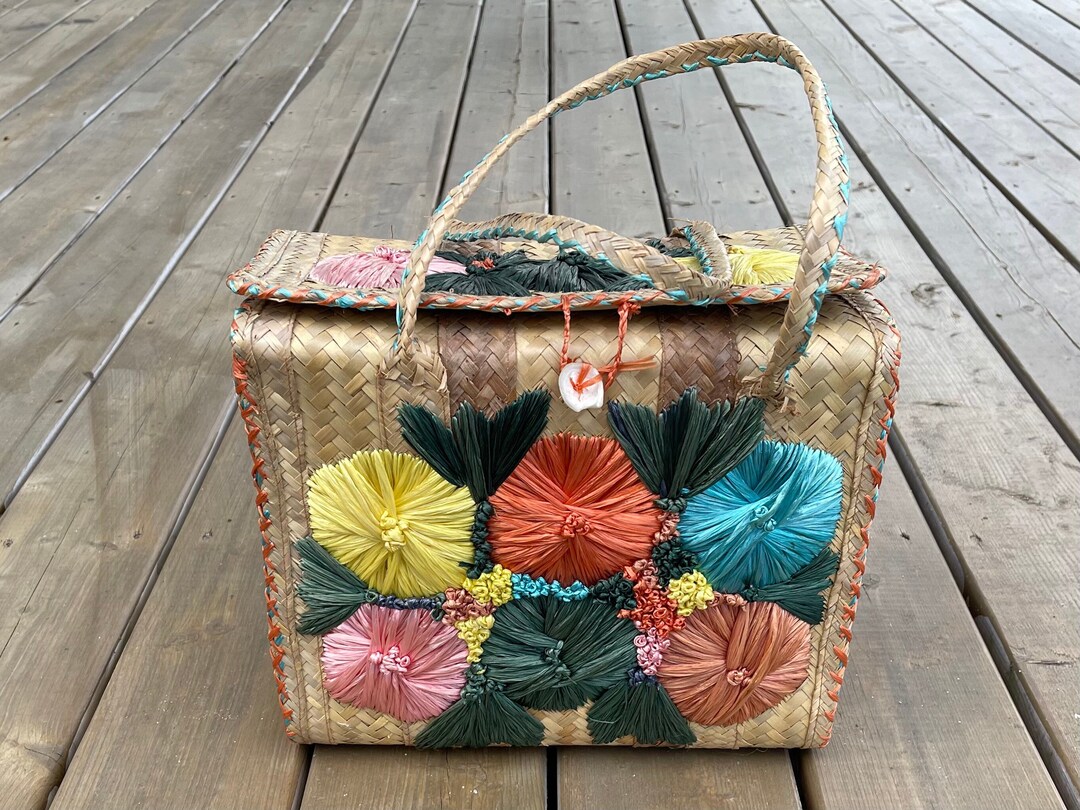 Vintage Woven Straw Wicker Structured Tote Bag Purse With Floral Raffia ...