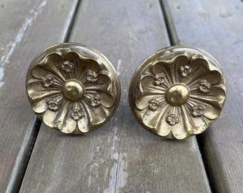 Set of Two Antique Victorian Brass Tone Ormolu Gilded Bronze Floral Drapery Curtain Tie Backs Tiebacks Antique Victorian Decor Accents